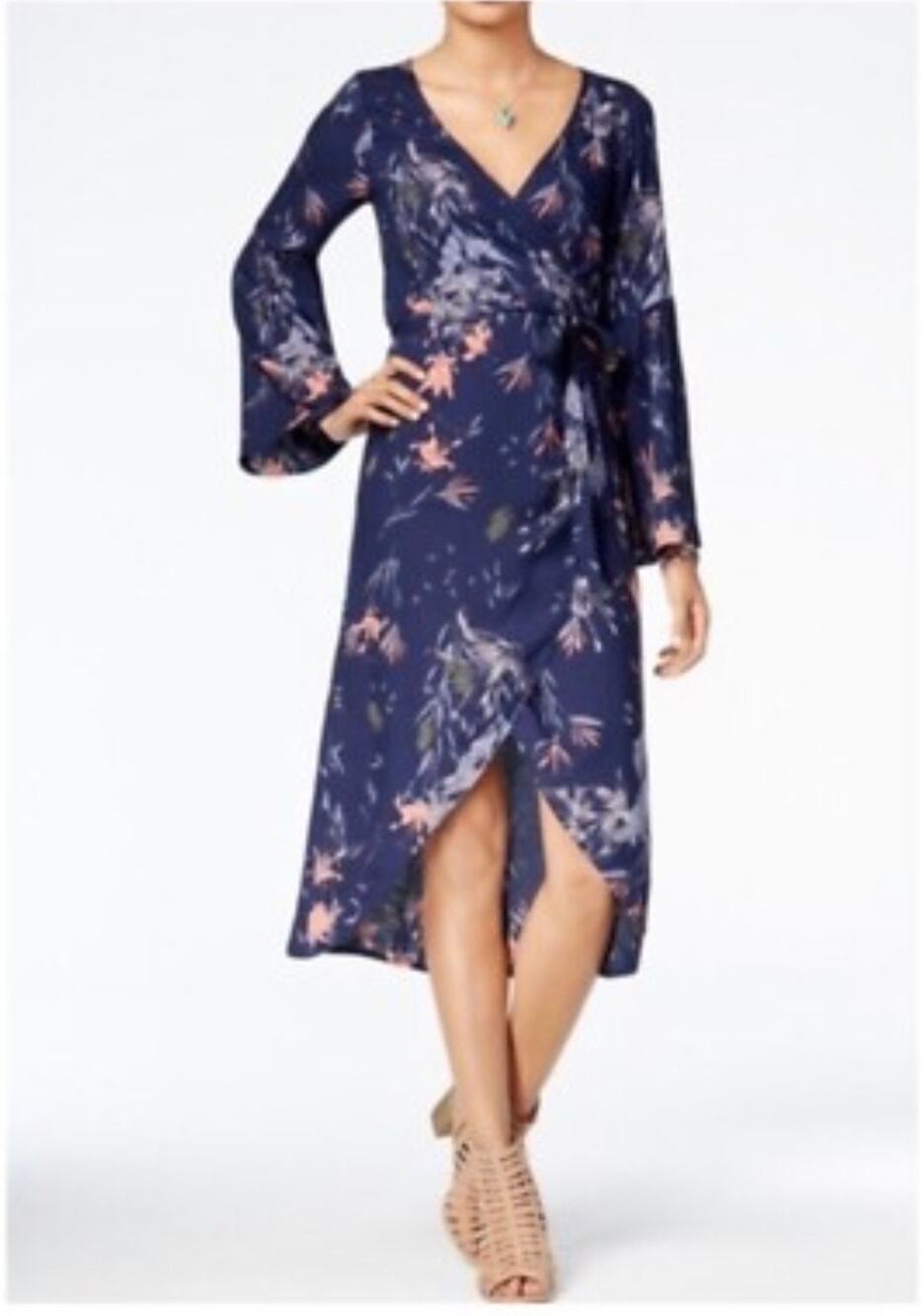 ROXY Drifting Seas Bell Sleeve Coral Tropical Floral Navy Blue Wrap Dress Large